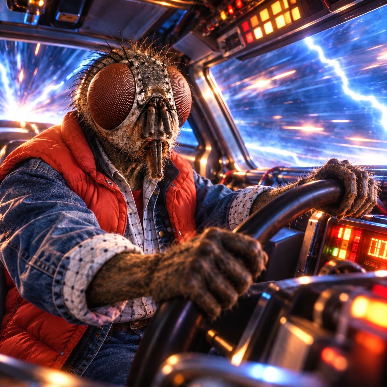 Fly-headed Marty McFly gripping the wheel inside the time machine cockpit as blue lightning streaks past the windows
